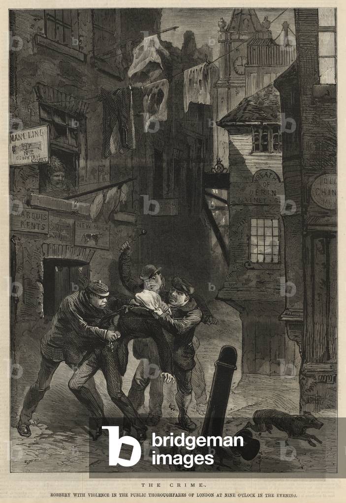 "Raub mit Gewalt in den öffentlichen Durchfahrten von London (Gravur)" von English School, b/w