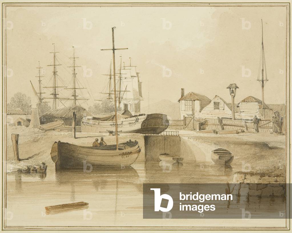 Bild von Zeichnung "Toms's Dock (Tombs')" 1825 von Thomas Leeson the Elder Rowbotham, b/w