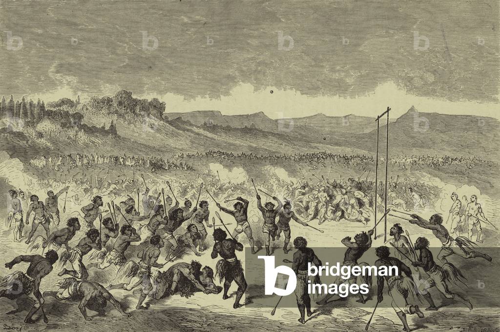 "Giocare palla tra gli indiani Choctaw (incisione)" di Gustave Dore, b/w