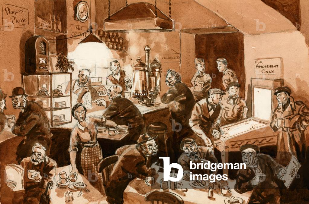 Arbeitercafé während des 2. Weltkriegs (Gouache auf Papier)