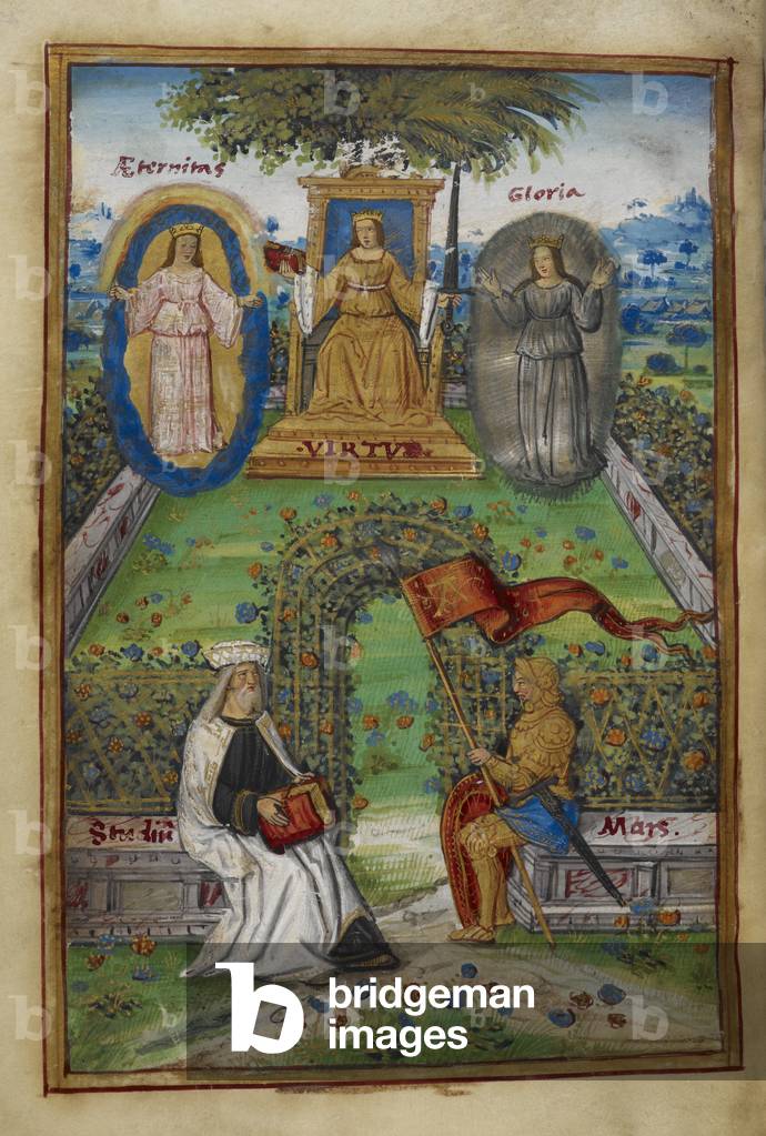 La sede della Virtù, con una personificazione della Virtù in un giardino con Aeternitas, Gloria, Studius e Mar