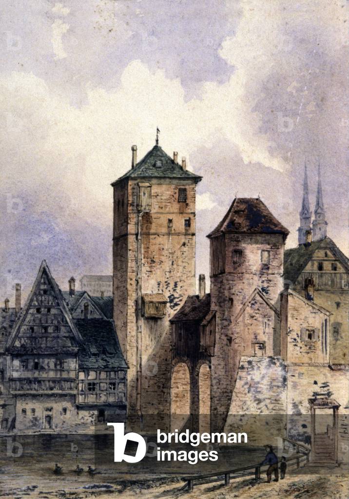 Città medievale sul Reno, 1850-1900 circa (acquerello)