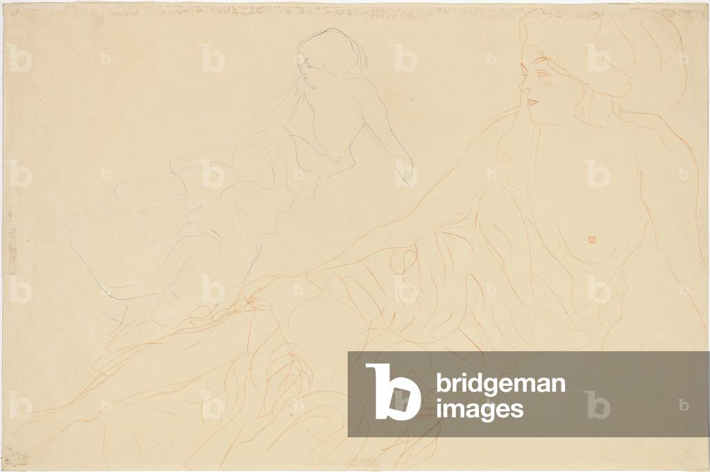 Reclining Nudes; Aufgestutzt Liegende, links Wiederholung, 1913 (blau und rot Bleistift auf simili Japan Papie