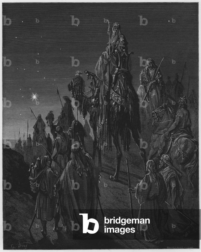 Gustave Dore Bible : Les sages guidés par l'étoile (gravure) par Gustave Dore, b/w