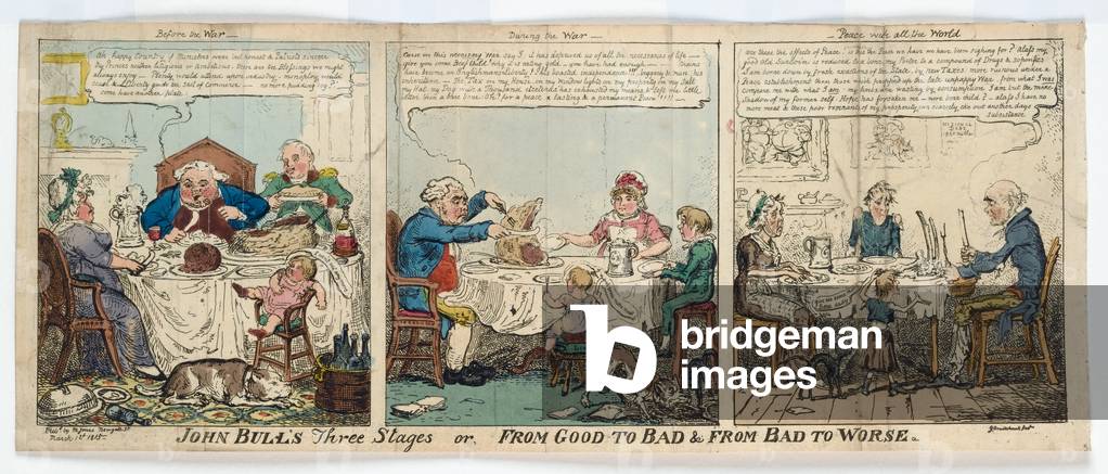 Bild von Gravur "John Bull's drei Bühnen", 1815 von George Cruikshank
