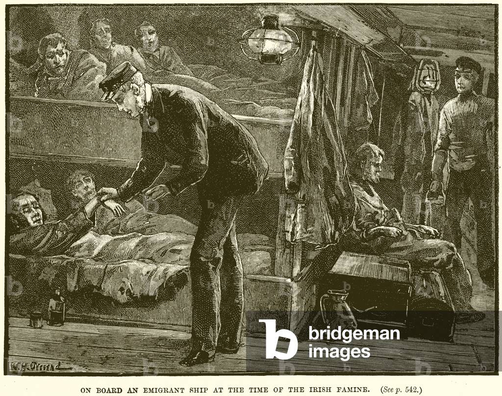 "An Bord eines Emigrantenschiffs zur Zeit der irischen Hungersnot (Gravur)" von English School, b/w