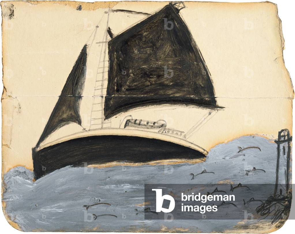Image of Painting depicting Sailing ship and porpoises by Alfred Wallis