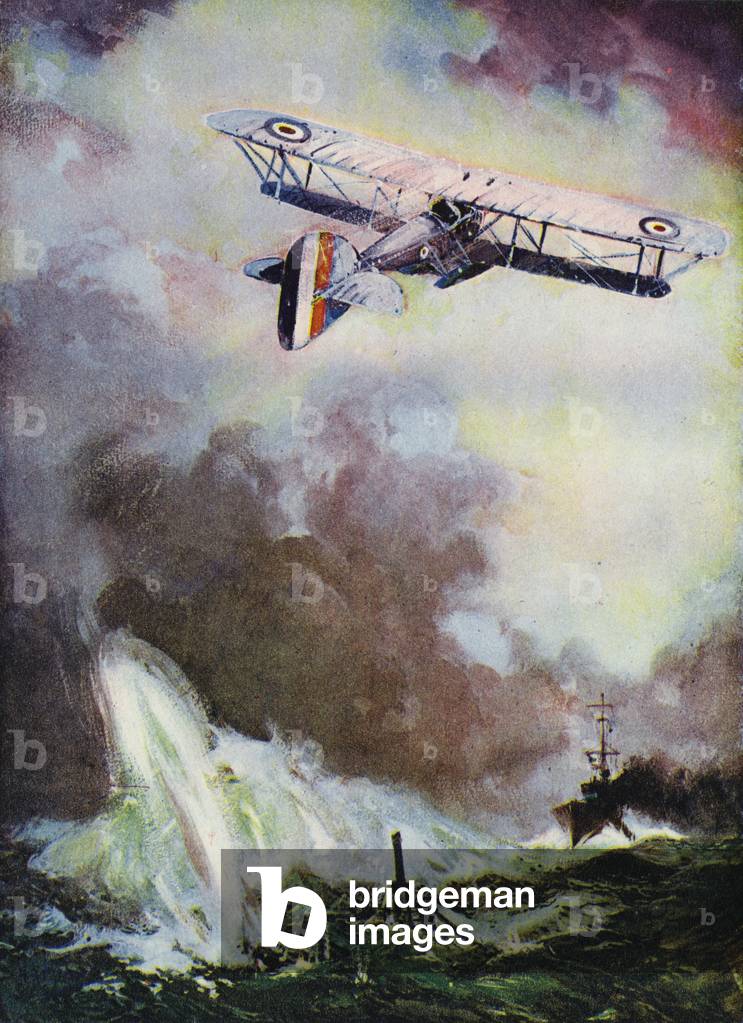 Un hydravion bombardant un sous-marin (litho de couleur) 1935 par English School