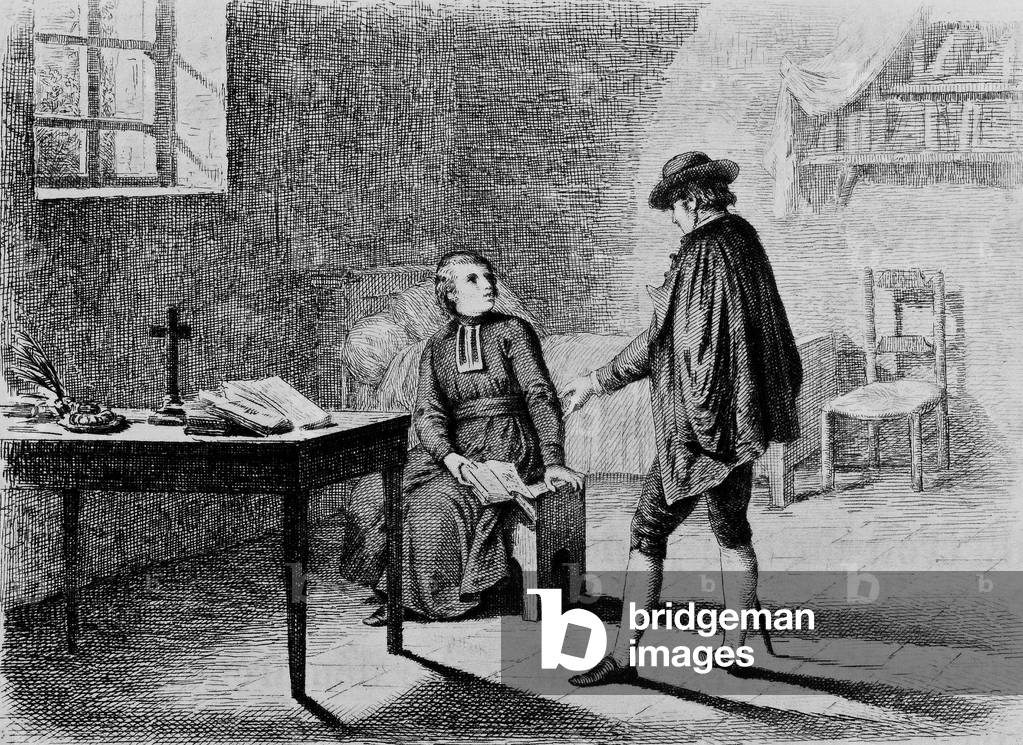 "Illustrazione per il libro di Stendhal «Il rosso e il nero» (1830): Julien che arriva in seminario (capitolo 