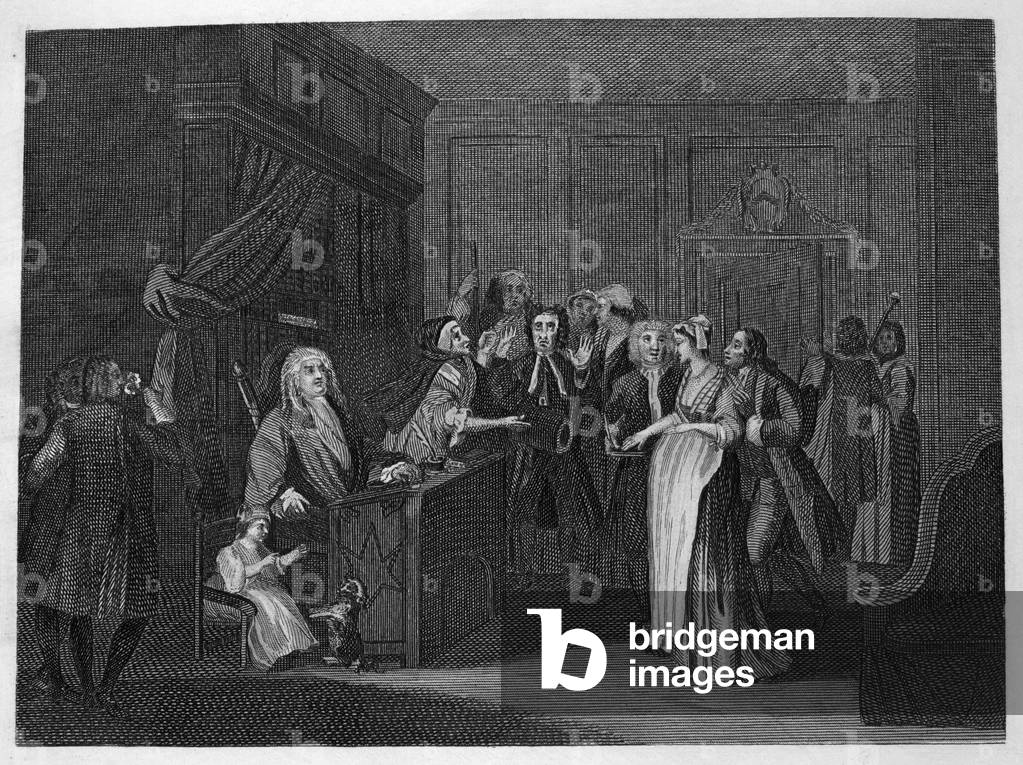 "Schwören eines Kindes (Gravur)" 1754 von William Hogarth, b/w