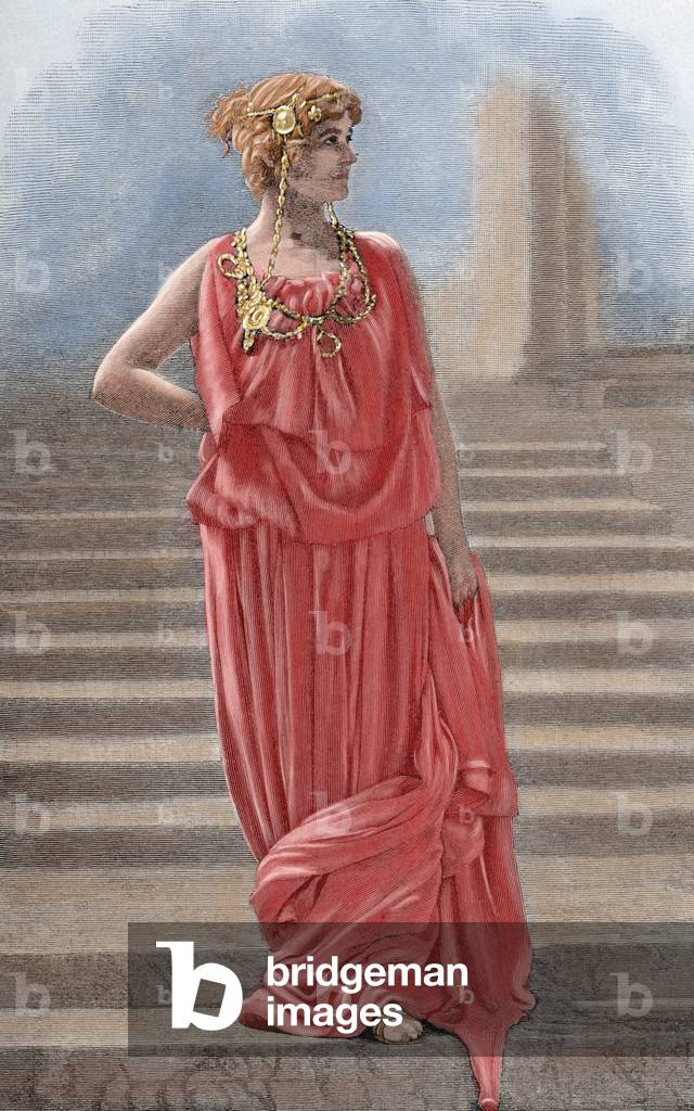 Maria Anderson (1859-1940) nel ruolo di Ermione, moglie di Pirro. Incisione. Di colore.