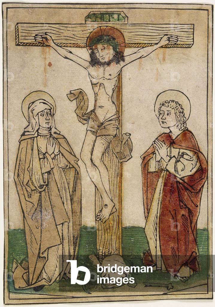 Cristo sulla Croce con Maria e San Giovanni, c.1470-80 (xilografia colorata a mano su pergamena)