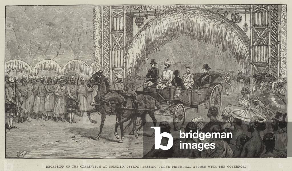 Réception du Czarevitch à Colombo, Ceylan, passant sous les Arches de Triomphe avec le Gouverneur (gravure)