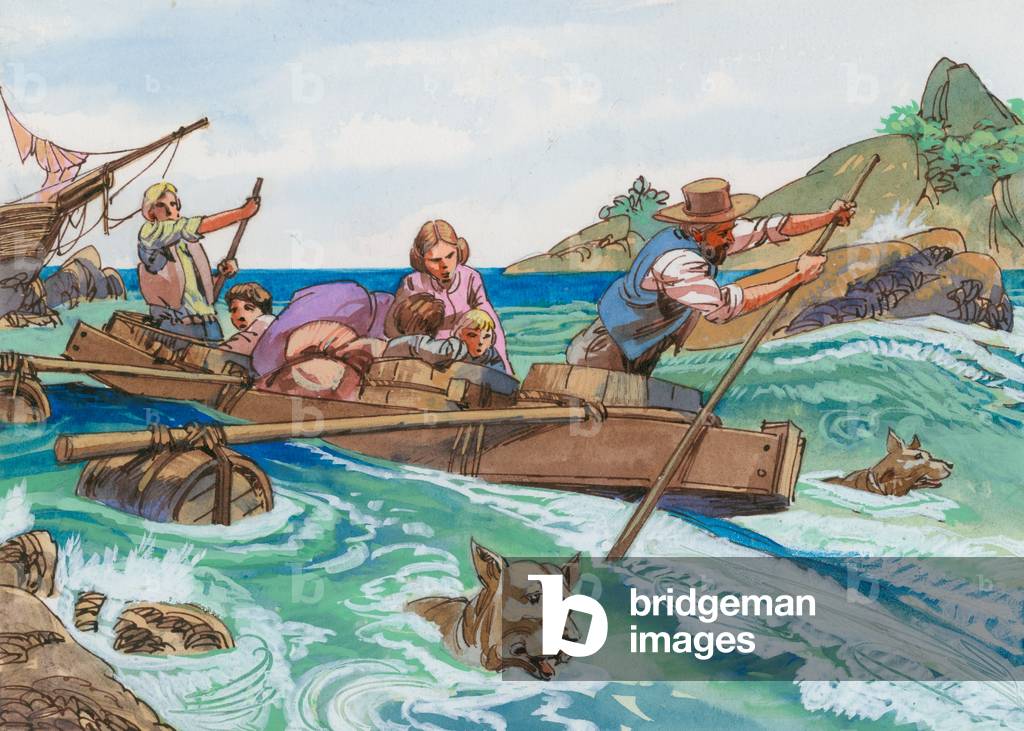 Immagine di Dipinto "Illustrazione per la famiglia svizzera Robinson (gouache su carta)" di English School
