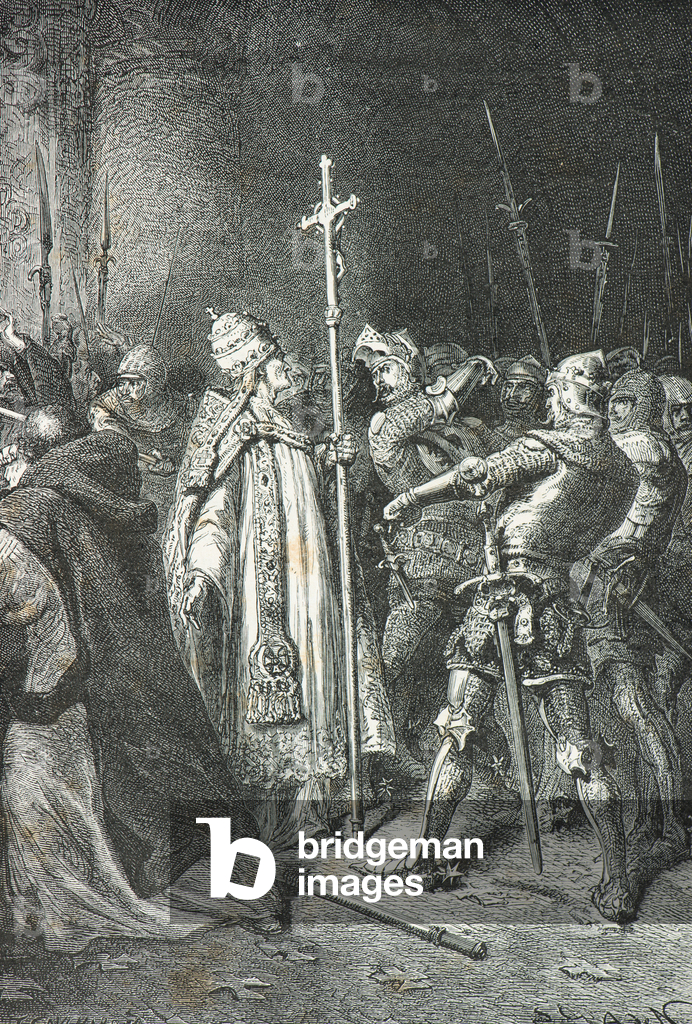 Sciarra Colonna slaps Pope Boniface 8 in Anagni, 1294 (Engraving)