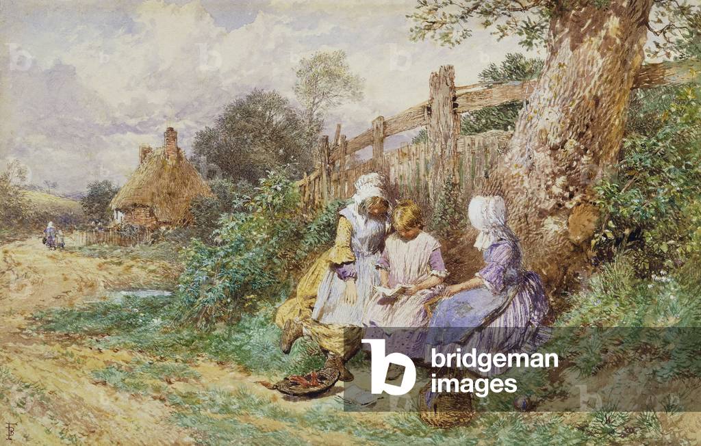 Kinder Lesen neben einem Land Lane, (Bleistift und Aquarell mit weiß erhöht)