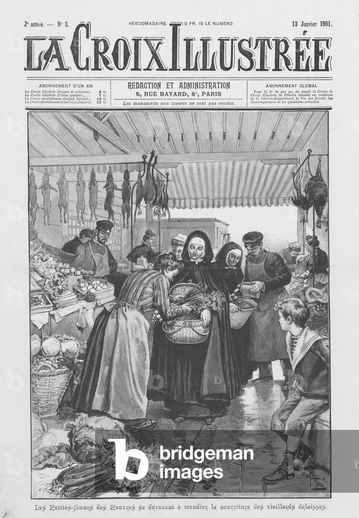 Petites sœurs des pauvres mendiant de la nourriture pour les personnes âgées pauvres de France (gravure) 1901 