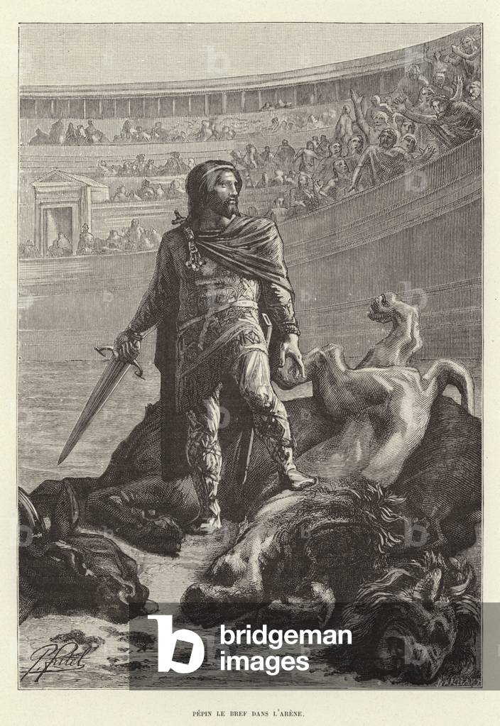 Pepin le Bref dans l'arene. Pepin the Short in the arena after killing a lion and a bull (engraving)