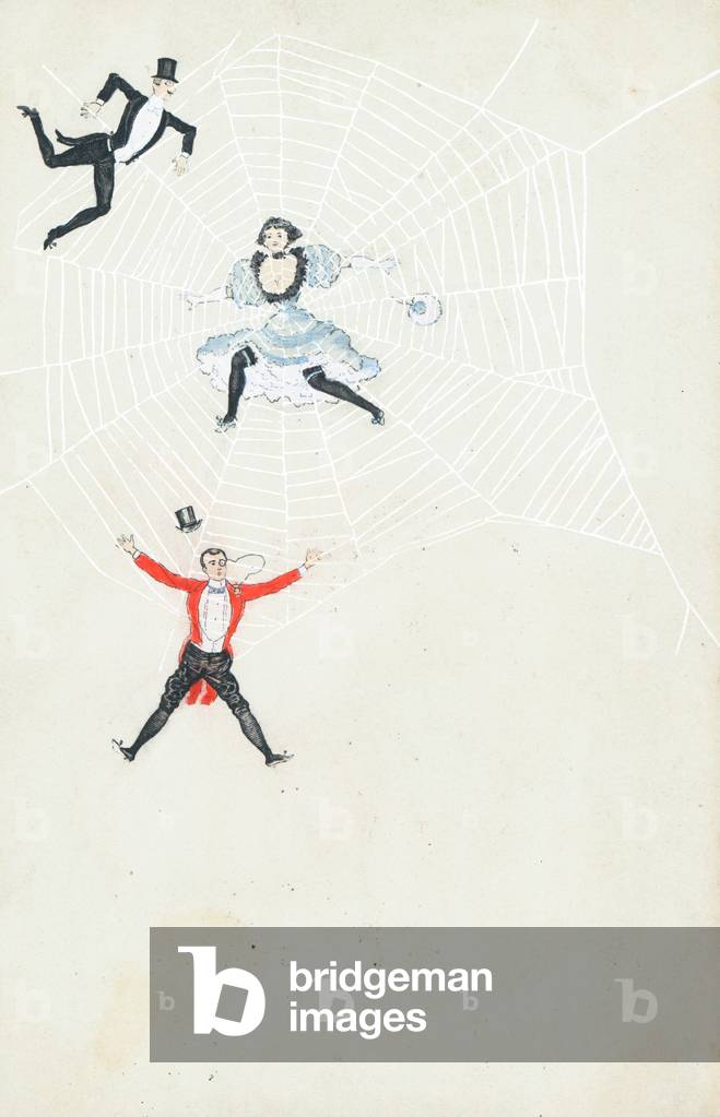 Three well-dressed people caught in a spider's web (colour litho)