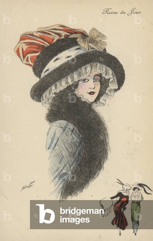 Reine du Jour, hübsches Mädchen mit großem Hut und Rüschen (Farbe litho)