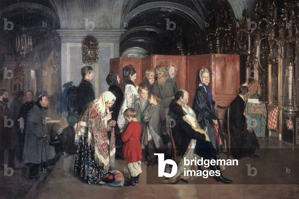 Vor der Beichte 1876 1876 Alexey Ivanovich Korzukhin (1835-1894 Russisch) Öl auf Leinwand Tver Regional Art Ga