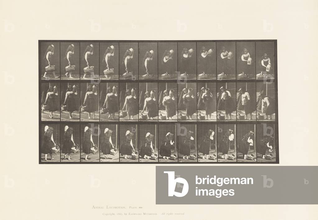 Bild von Fotografie "Teller 460.Trageglas auf Schulter und Korb in der Hand" 1885 von Eadweard Muybridge, b/w