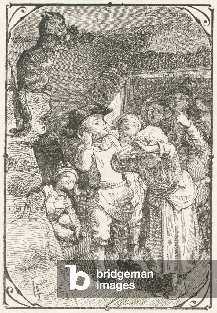 Il gatto di mamma Michel gli dà un naso quando gli offre del latte. (verso 5), 1880 (incisione)