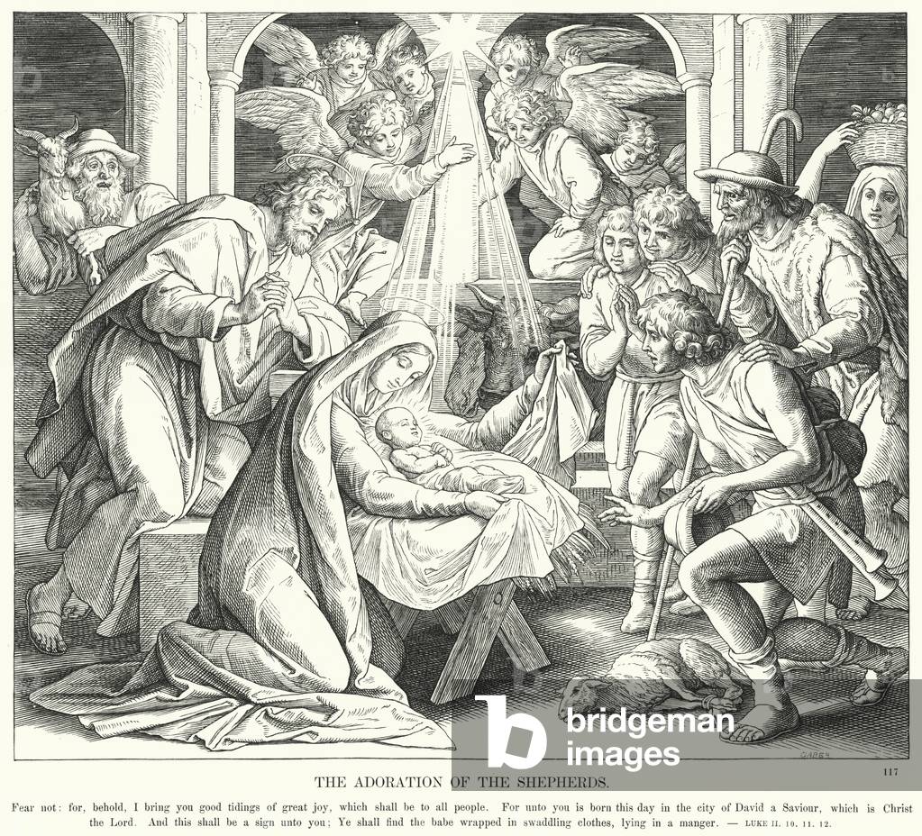 "Die Anbetung der Hirten (Gravur)" von Julius Schnorr von Carolsfeld, b/w