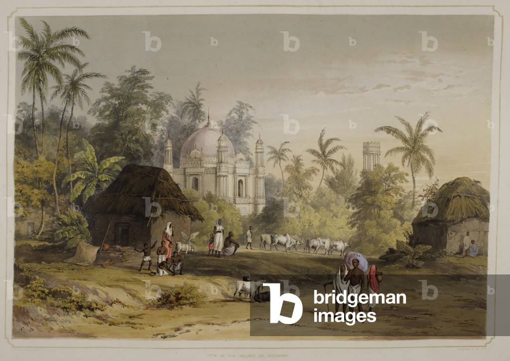 "Blick in das Dorf Sheebpore. Ein Blick auf das Dorfleben. Von Ansichten von Kalkutta und seiner Umgebung."