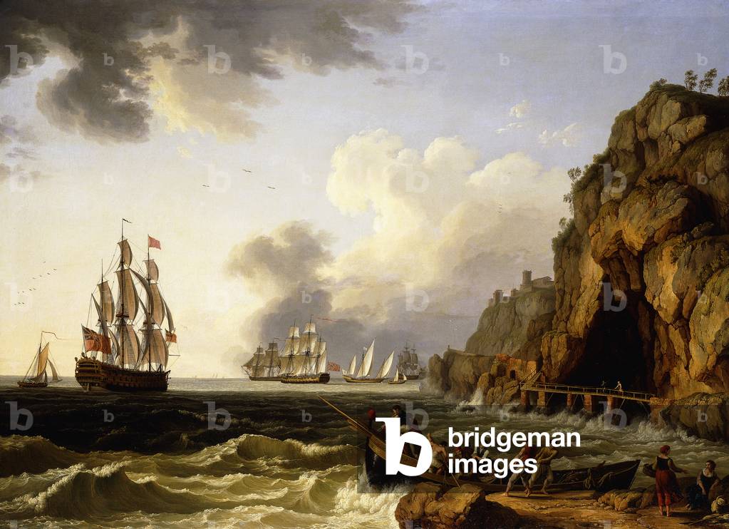 Image of Painting depicting A View of the Coast near Naples with a British Royal Navy Three-Decker flying the 