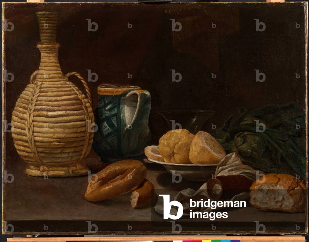 Image of Painting depicting Still Life with a Wicker Wine Flask 1610 by Spanish Artist
