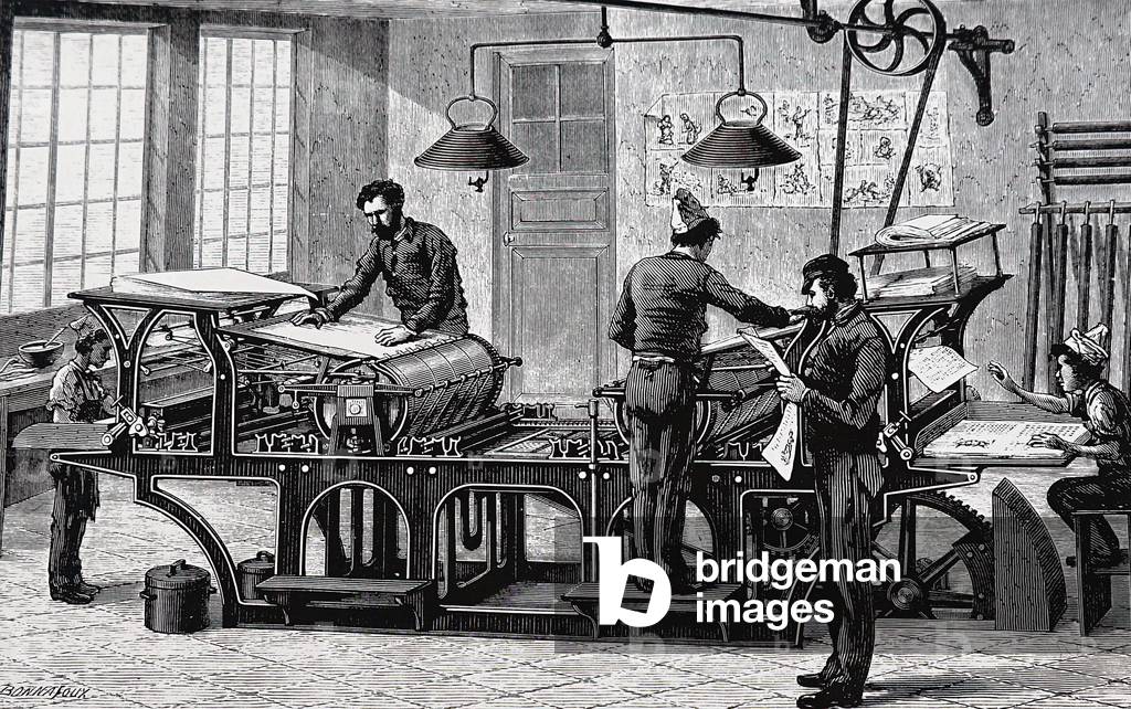 "Una macchina da stampa alimentata da un motore a vapore" 1850, b/w