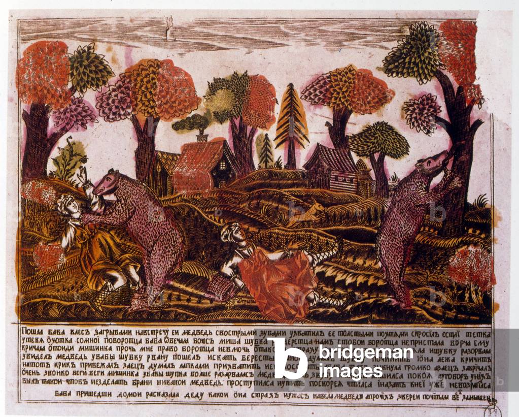 Russo tradizionale xilografia Illustrazione raffigurante orsi selvatici che attaccano due donne in campagna. 1