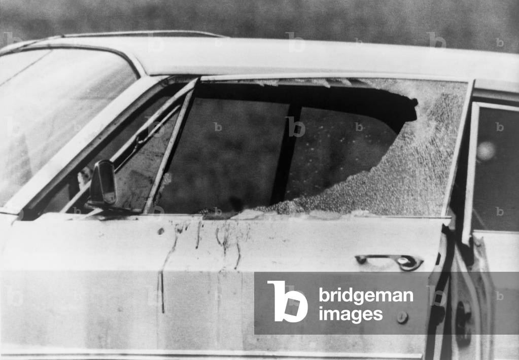 Smashed car window and bloodstains after the murder of Viola Liuzzo