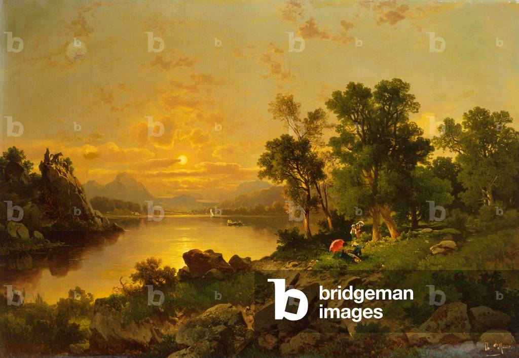 Un vasto paesaggio lacustre (olio su tela)