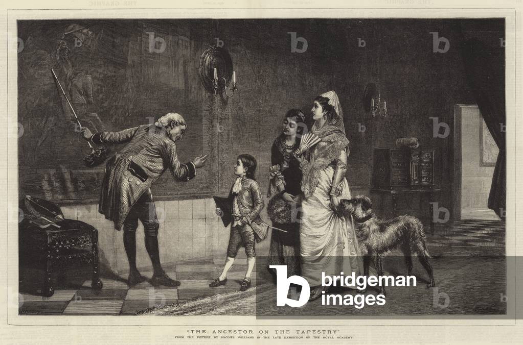 The Ancestor on the Tapestry (engraving) by John Haynes-Williams, b/w