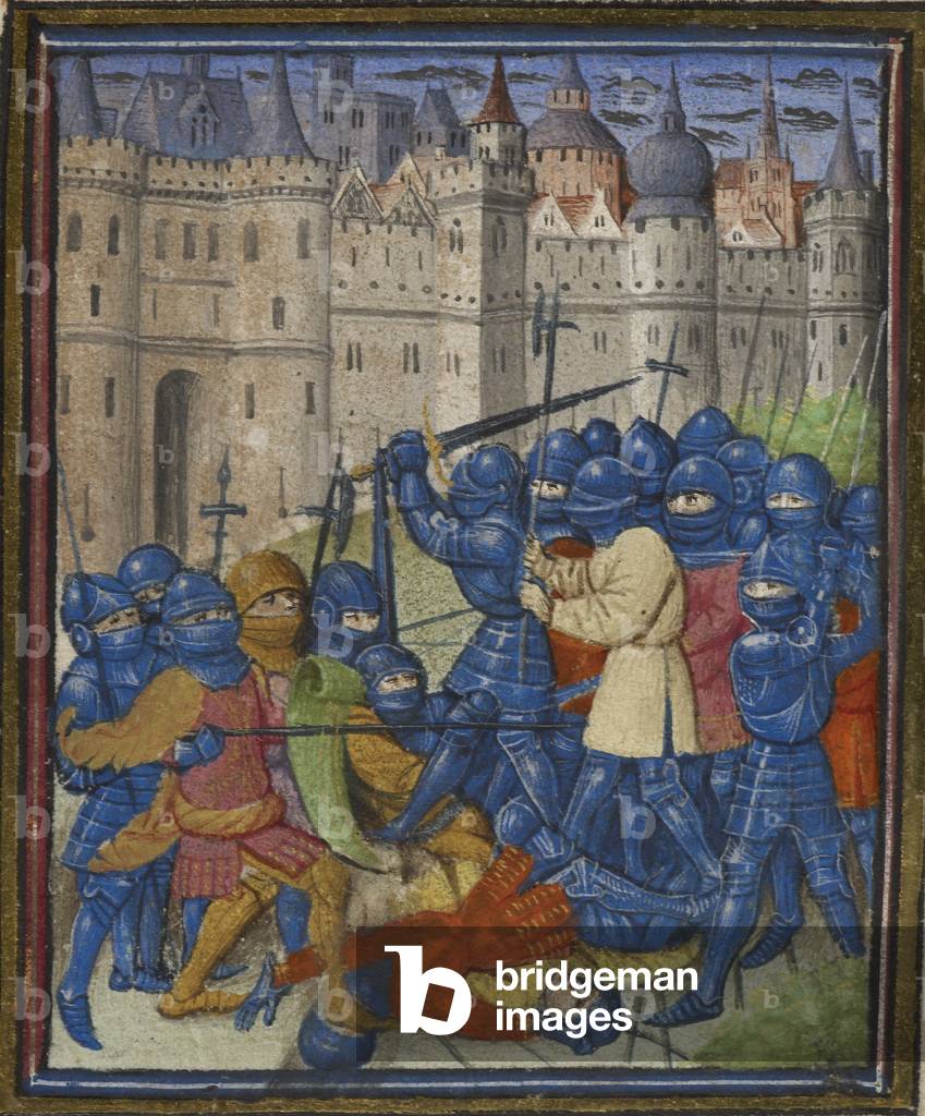 Miniatur, die eine Kampfszene darstellt, dekoriert anfänglich “L” (Isoire) einschließlich Wappenwaffen und Lau