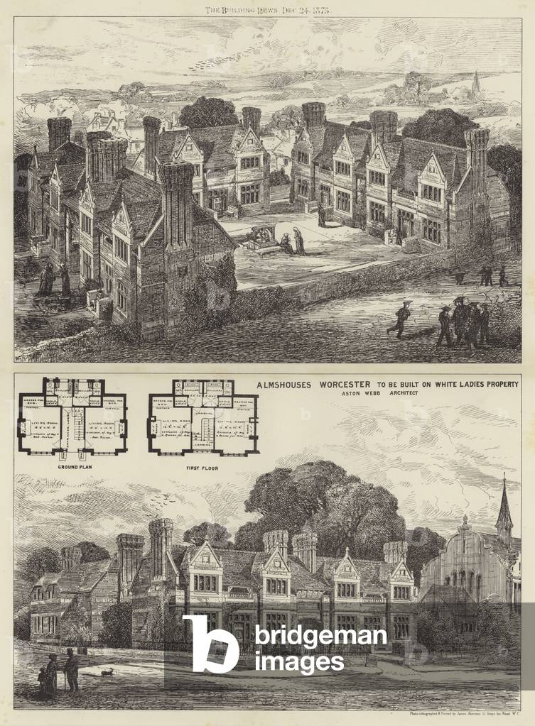 "Almshouses Worcester da costruire su White Ladies Proprietà (incisione)" di English School, b/w