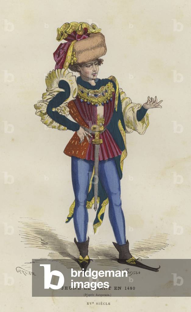Junger Dandy, 1480 (farbige Gravur)