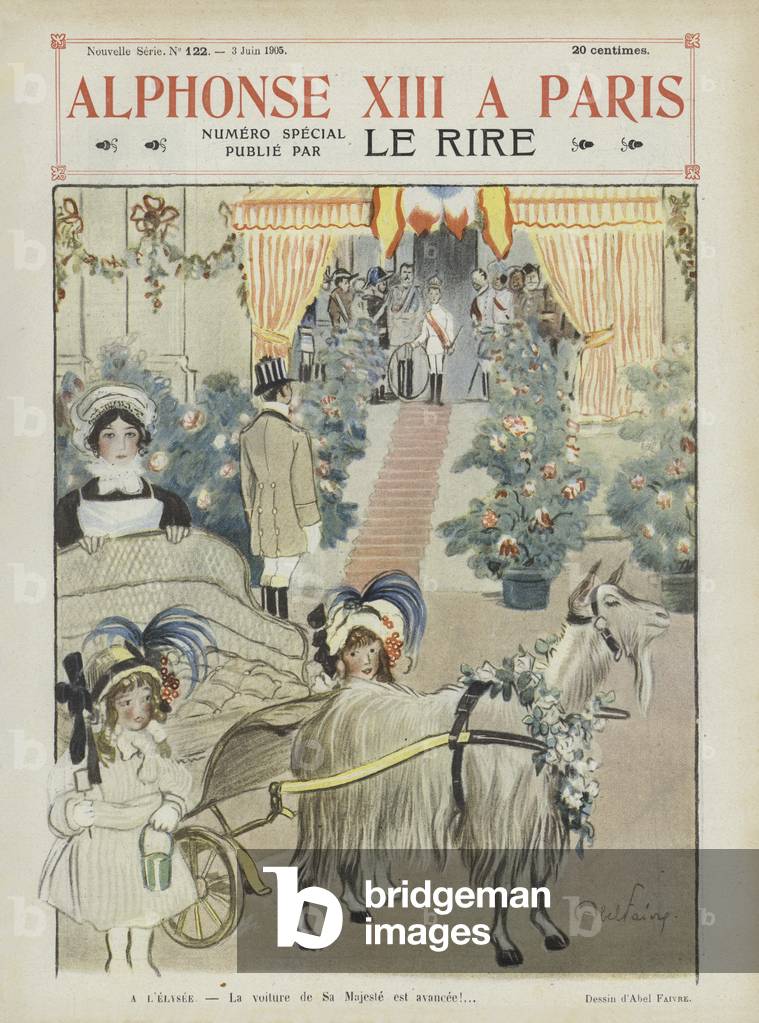 "Visita del re Alfonso XIII di Spagna a Parigi. Illustrazione per Le Rire (color lito)" di Jules Abel Faivre
