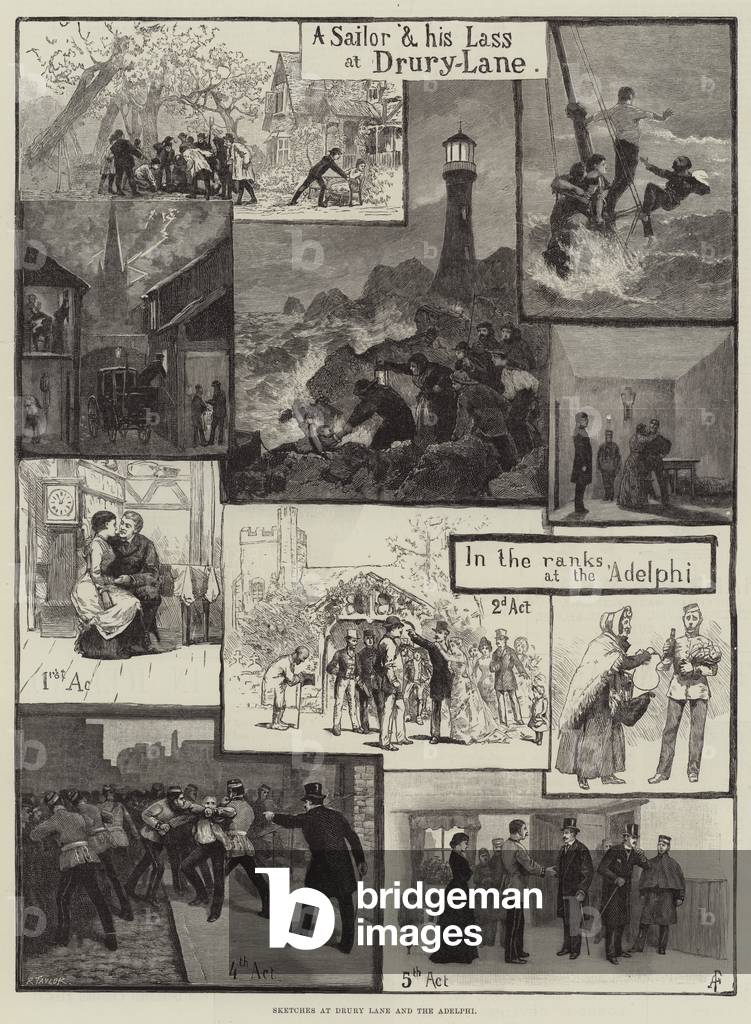 Skizzen an der Drury Lane und dem Adelphi (Gravur)