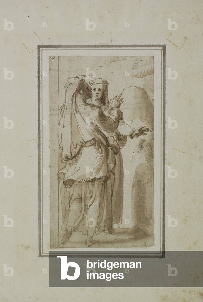 Due figure in conversazione, fine XVI secolo (penna & inchiostro con lavaggio marrone su carta)