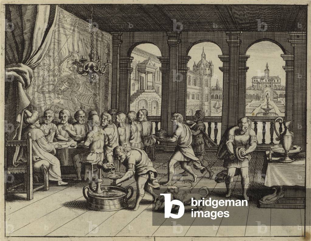 Image of Engraving depicting Joseph serving a banquet to his brothers in Egypt (engraving) 1601 by European Ar