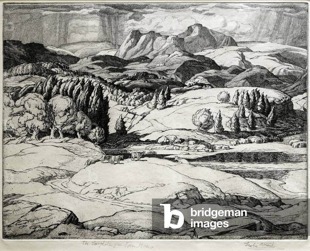 The Langdales from Tarn How (etching) by Leslie Moffat Ward, b/w