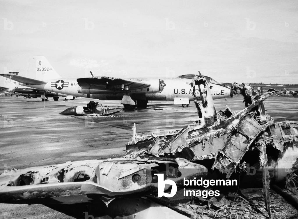 VIETNAM WAR: AIR BASE, 1964 The results of a heavy mortar attack on Bien Hoa  Air Base, 15 miles north of Saigon, November 1964. by