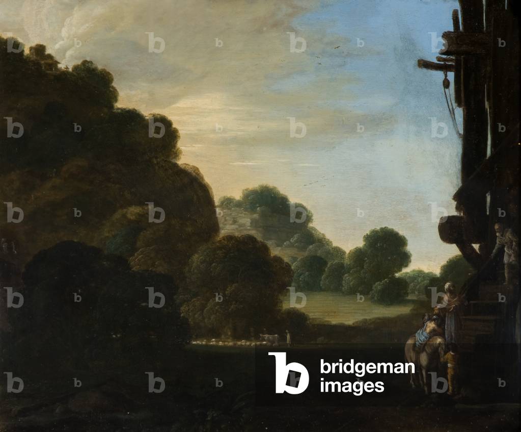 Un paesaggio boscoso con la storia del Buon Samaritano (olio su rame)