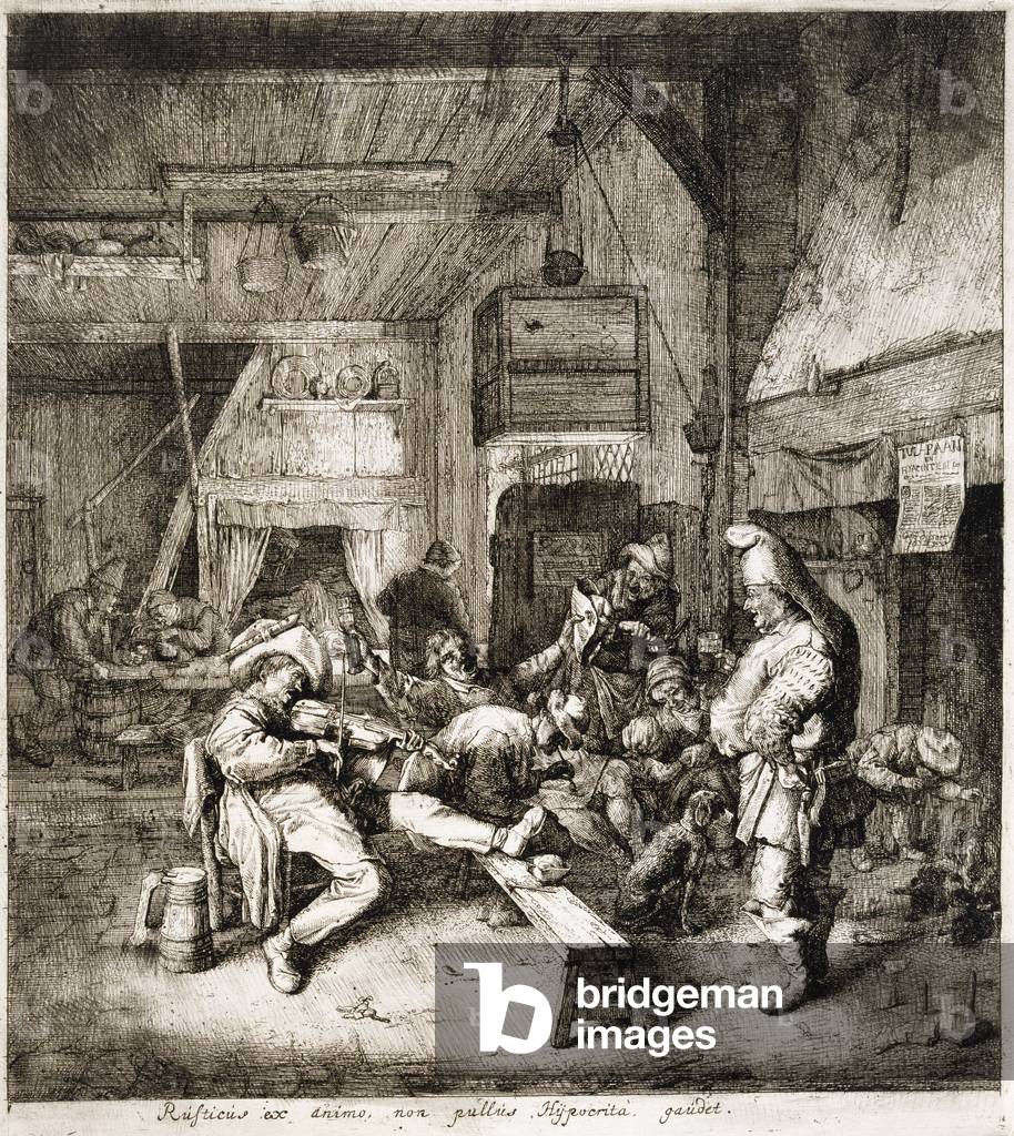 Bild von Gravur "Der Violinspieler sitzend im Gasthaus" 1685 von Cornelis Dusart, b/w