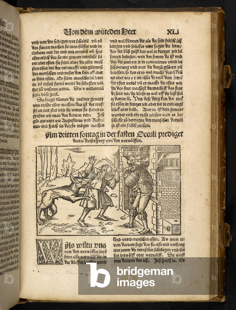 "Un lupo mannaro che attacca un uomo" 1516 di Swiss School, b/w
