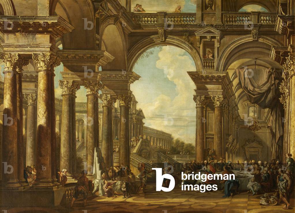 Image of Painting depicting The Marriage at Cana in an Imaginary Architectural Setting by Giovanni Paolo Panin