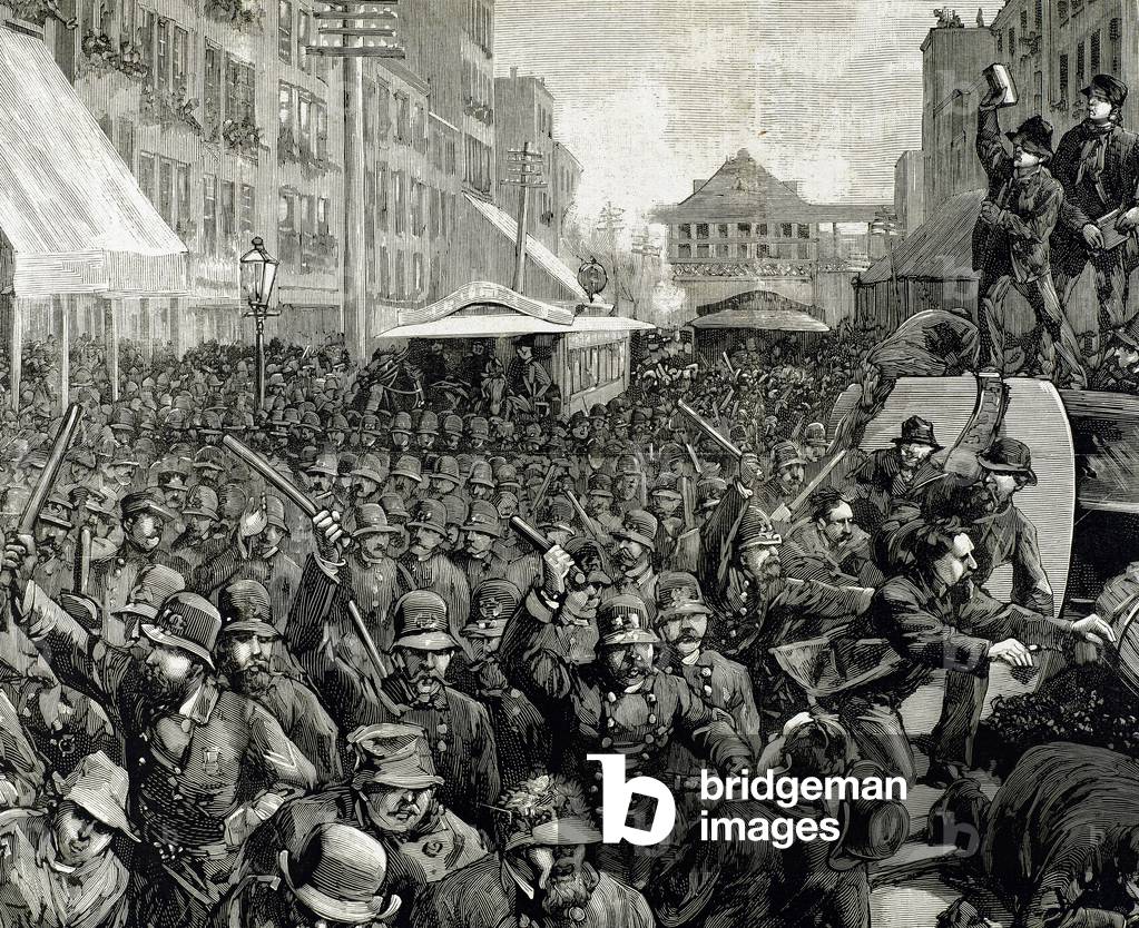 Ufficiali di polizia disperdendo lo sciopero dei dipendenti di tram a New York, 4 marzo 1886 (incisione)
